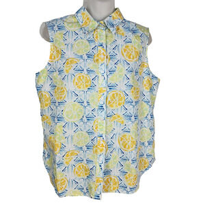 Lands' End No Iron Supima Top Women's 12P Cotton Citrus Lemon Sleeveless Button
